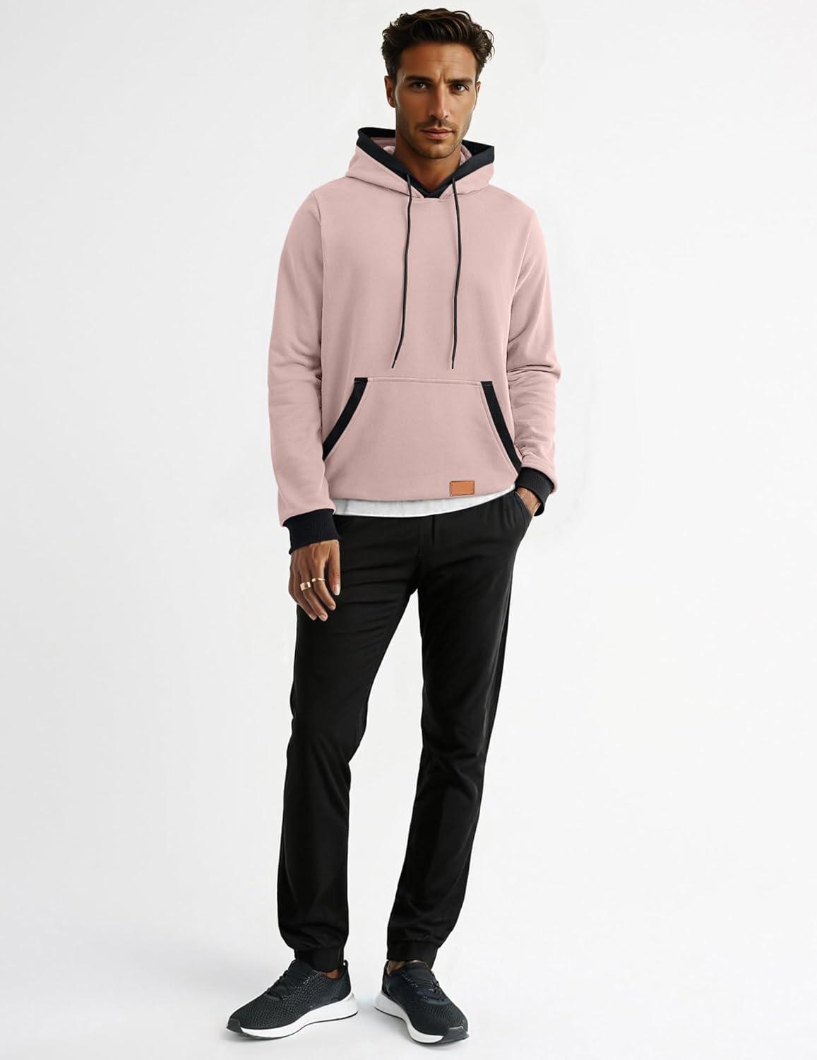 imageJMIERR Mens Cotton Casual Hoodies Sweatshirts Fashion Long Sleeve Drawstring Fleece Pullover Hoodie with PocketsPink