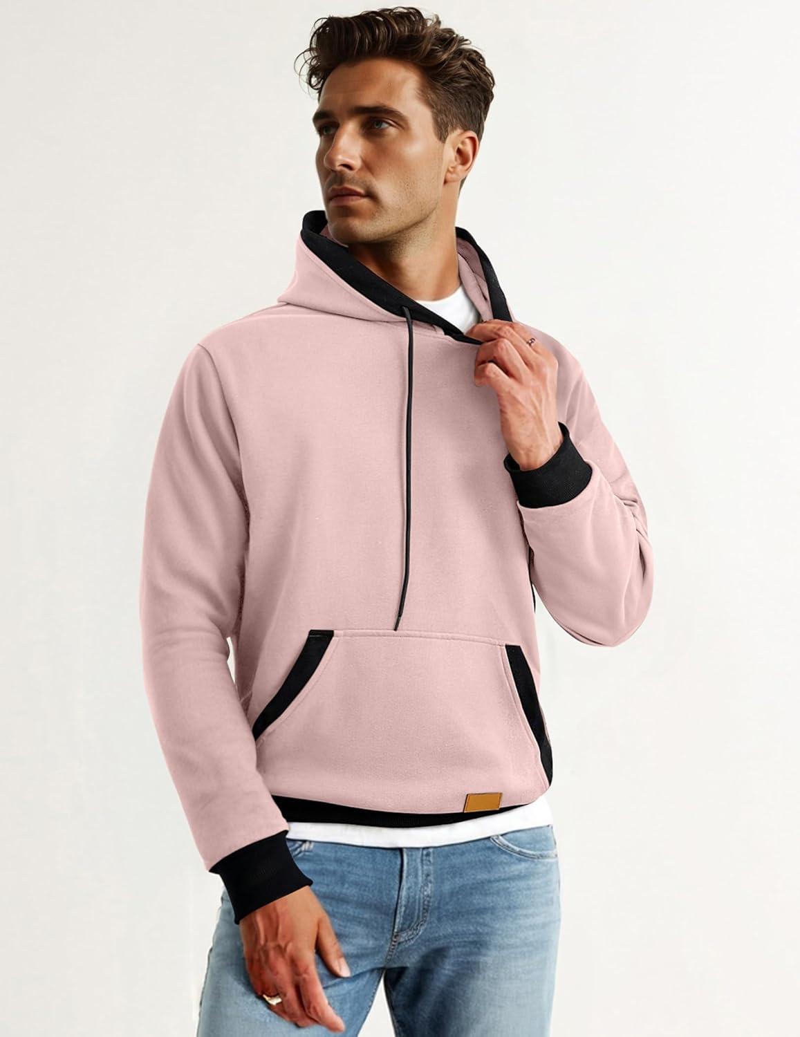 imageJMIERR Mens Cotton Casual Hoodies Sweatshirts Fashion Long Sleeve Drawstring Fleece Pullover Hoodie with PocketsPink