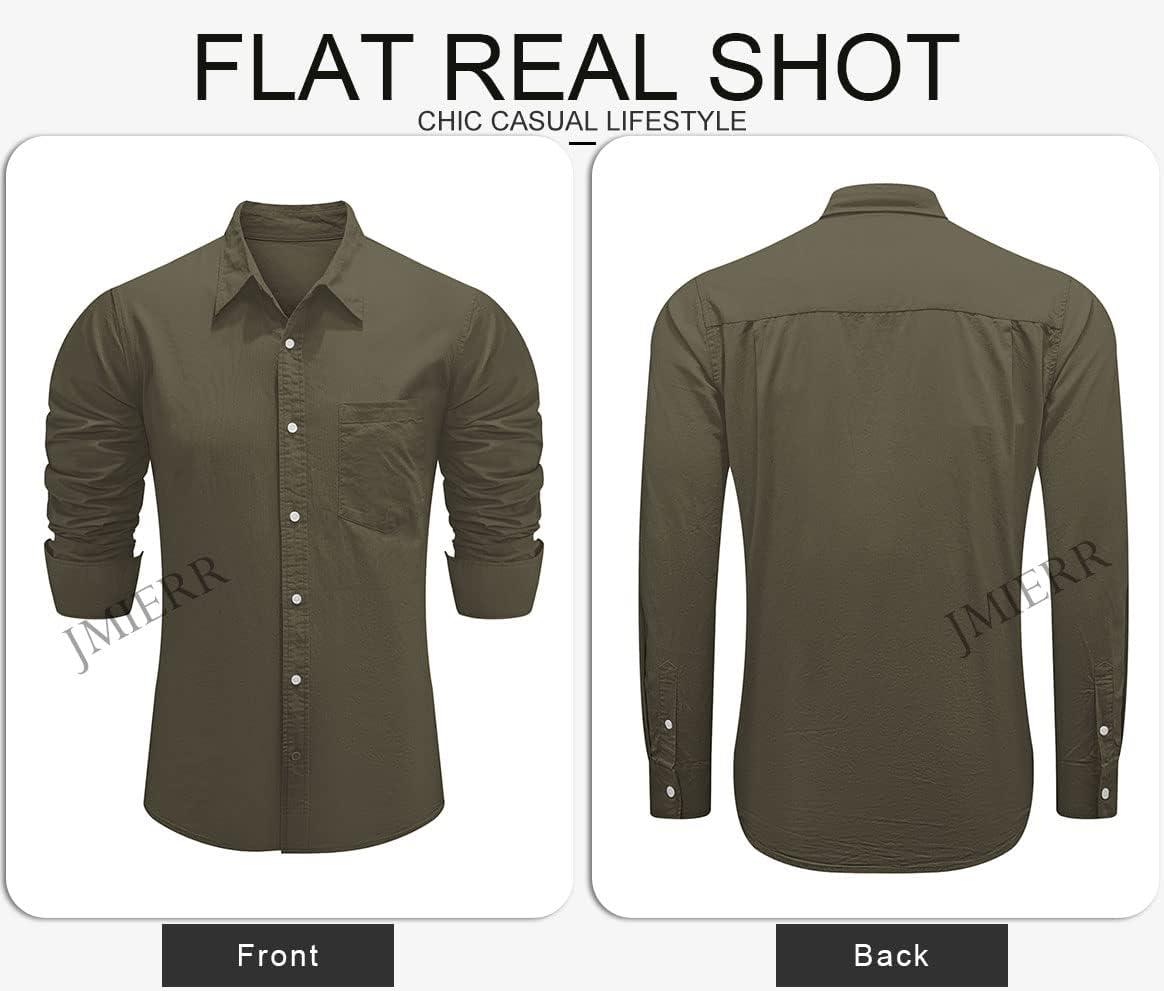 imageJMIERR Mens Cotton Linen Casual Stylish Button Down Shirt Long Sleeve Dress ShirtsA2 Armygreen