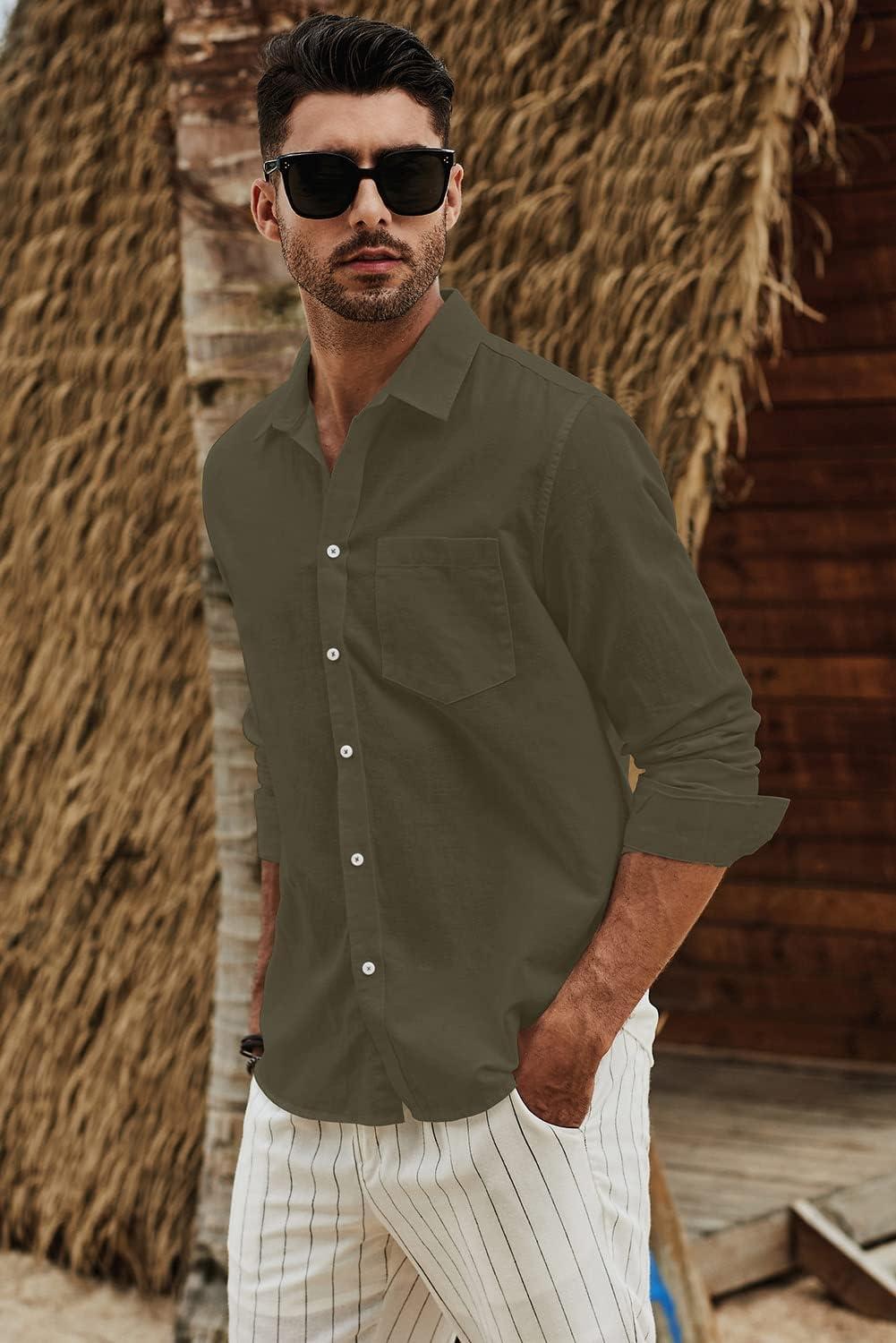 imageJMIERR Mens Cotton Linen Casual Stylish Button Down Shirt Long Sleeve Dress ShirtsA2 Armygreen