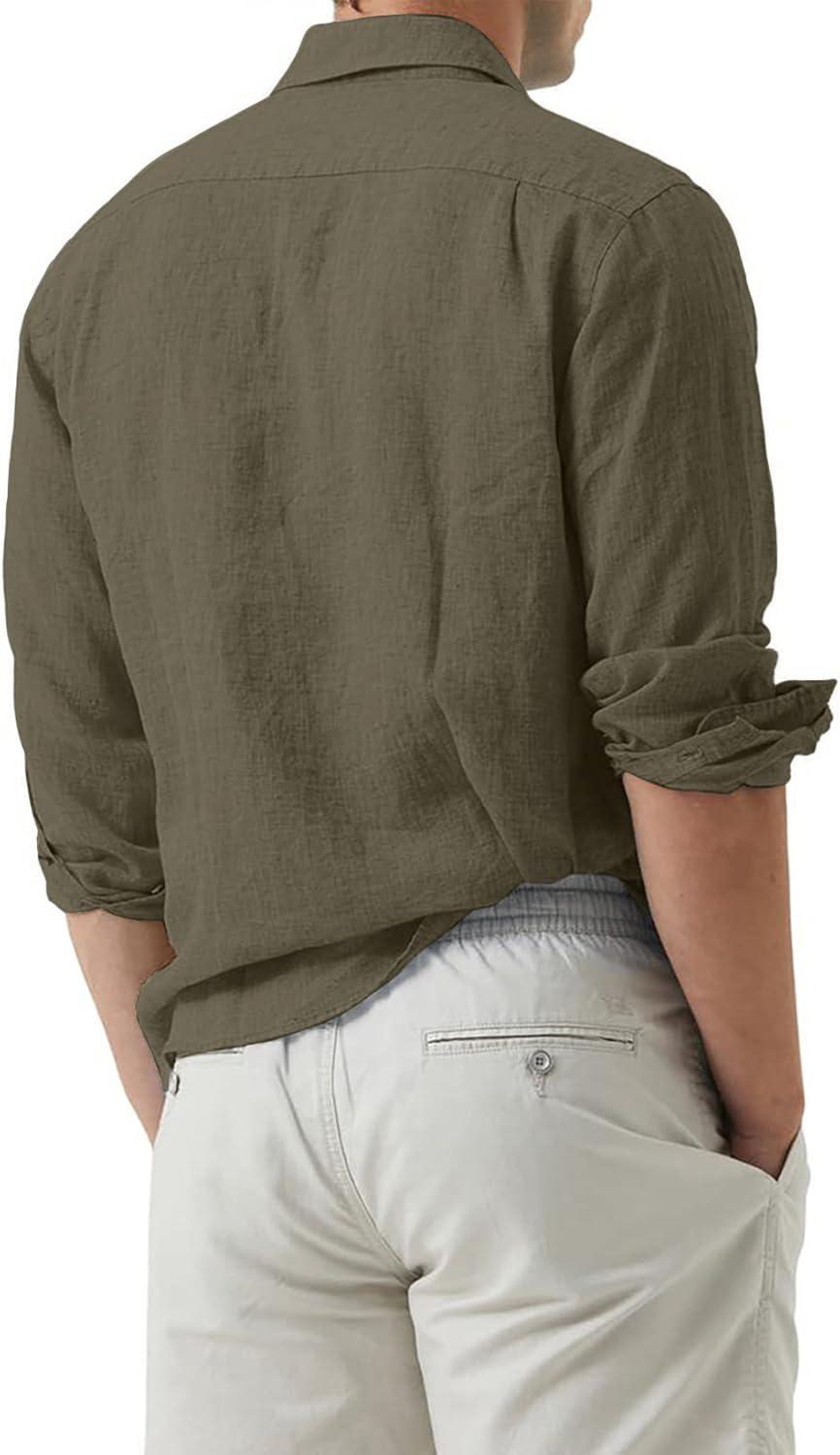 imageJMIERR Mens Cotton Linen Casual Stylish Button Down Shirt Long Sleeve Dress ShirtsA2 Armygreen