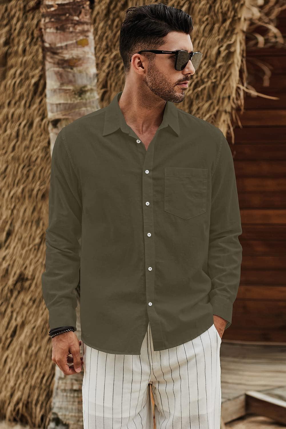 imageJMIERR Mens Cotton Linen Casual Stylish Button Down Shirt Long Sleeve Dress ShirtsA2 Armygreen