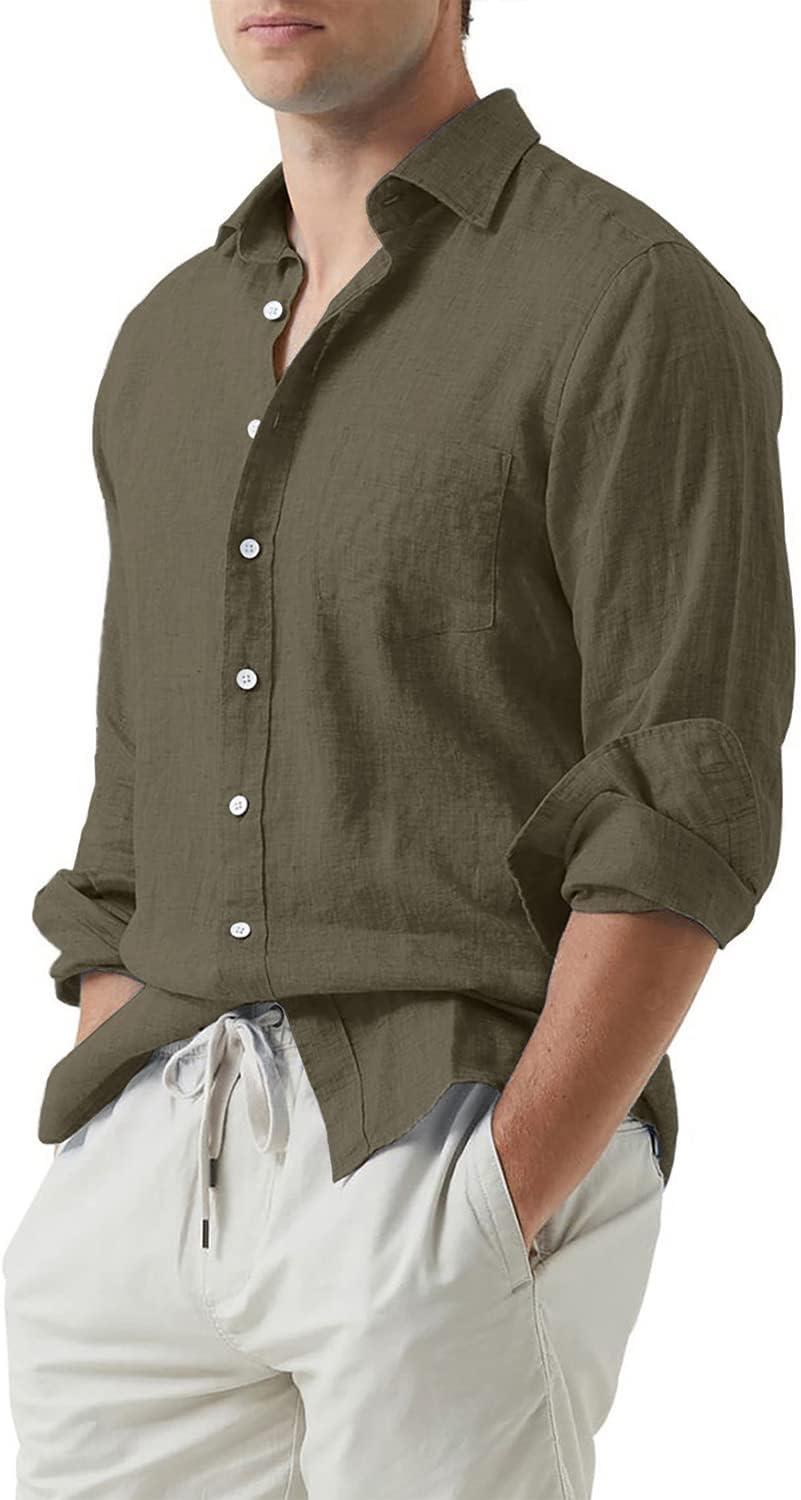 imageJMIERR Mens Cotton Linen Casual Stylish Button Down Shirt Long Sleeve Dress ShirtsA2 Armygreen