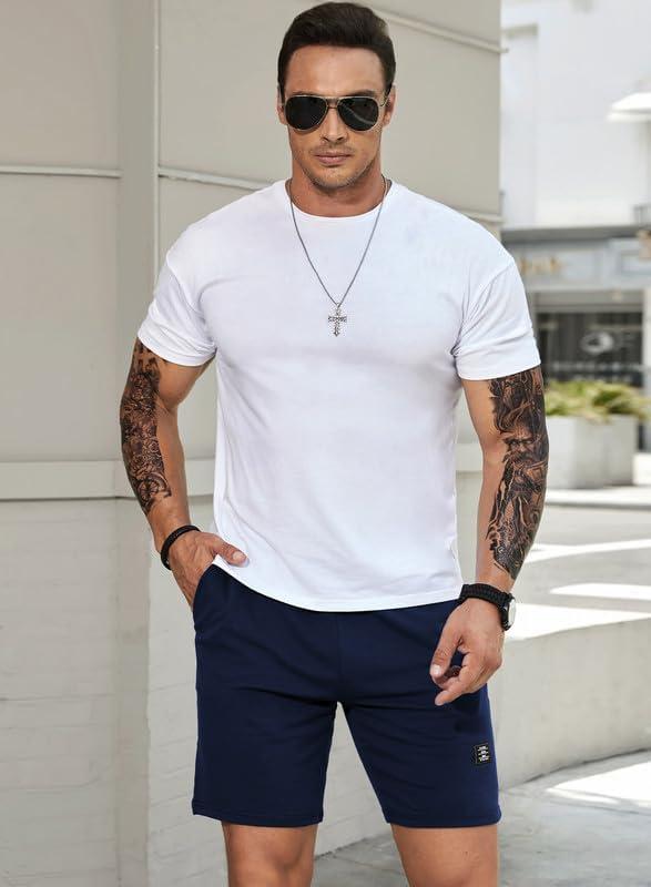 imageJMIERR Mens Cotton Sweat Shorts with 3 Pockets Workout Lounge Jogger Athletic Shorts 7 inch Inseam Running ShortsA Blue