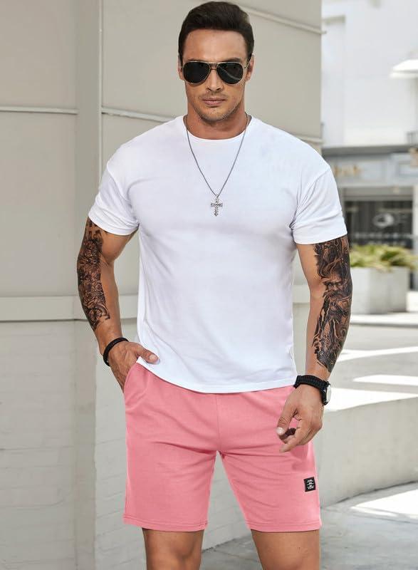 imageJMIERR Mens Cotton Sweat Shorts with 3 Pockets Workout Lounge Jogger Athletic Shorts 7 inch Inseam Running ShortsA Pink