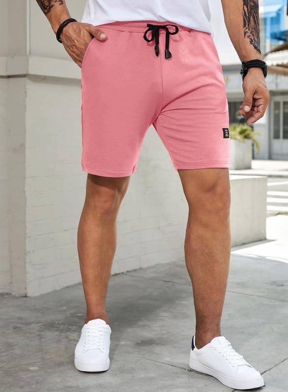 imageJMIERR Mens Cotton Sweat Shorts with 3 Pockets Workout Lounge Jogger Athletic Shorts 7 inch Inseam Running ShortsA Pink