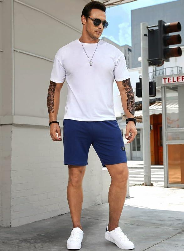 imageJMIERR Mens Cotton Sweat Shorts with 3 Pockets Workout Lounge Jogger Athletic Shorts 7 inch Inseam Running ShortsA Sky Blue