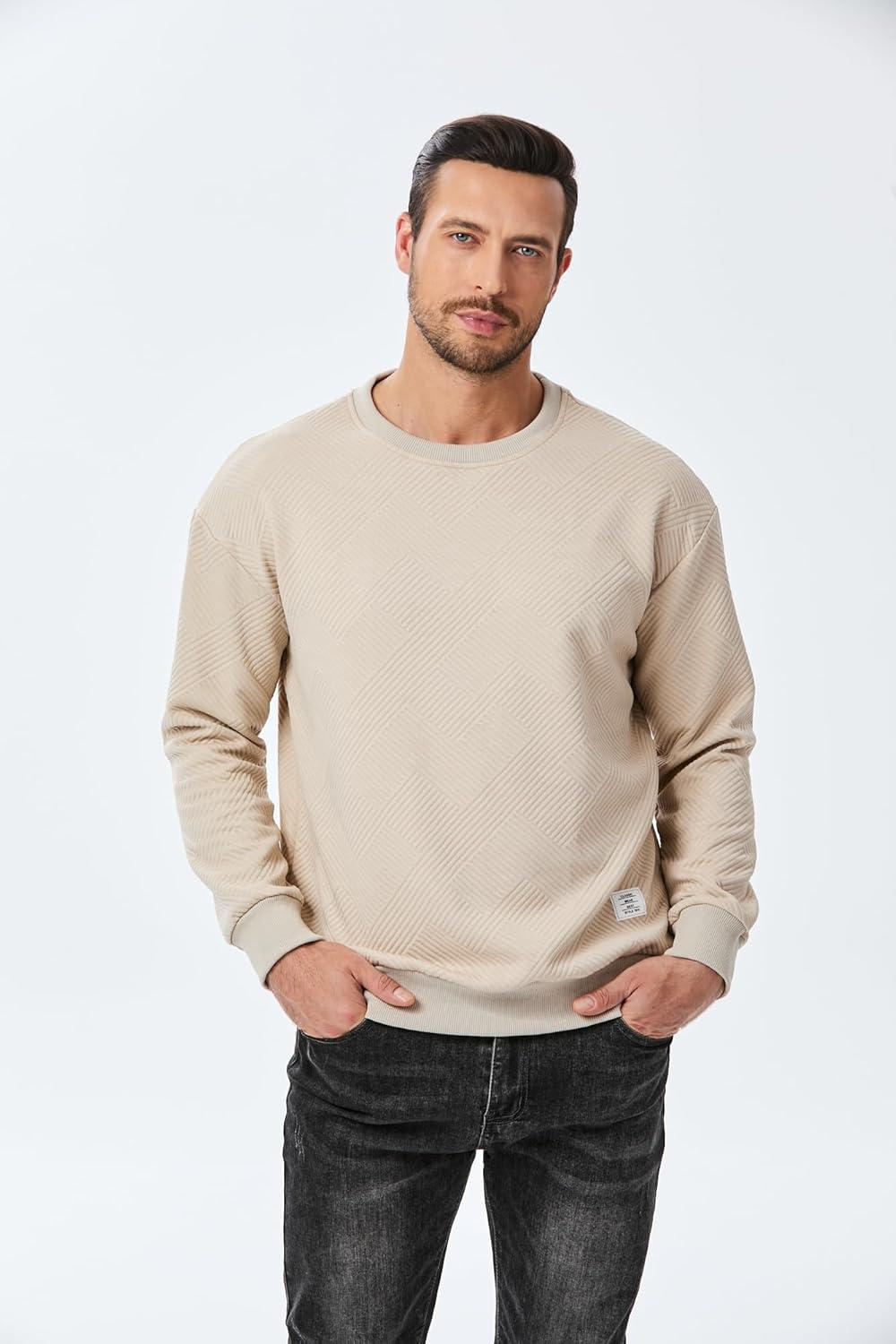 imageJMIERR Mens Crewneck Sweatshirt Casual Long Sleeve Geometric Texture Sweatshirts Fashion Pullover Shirts01 Beige