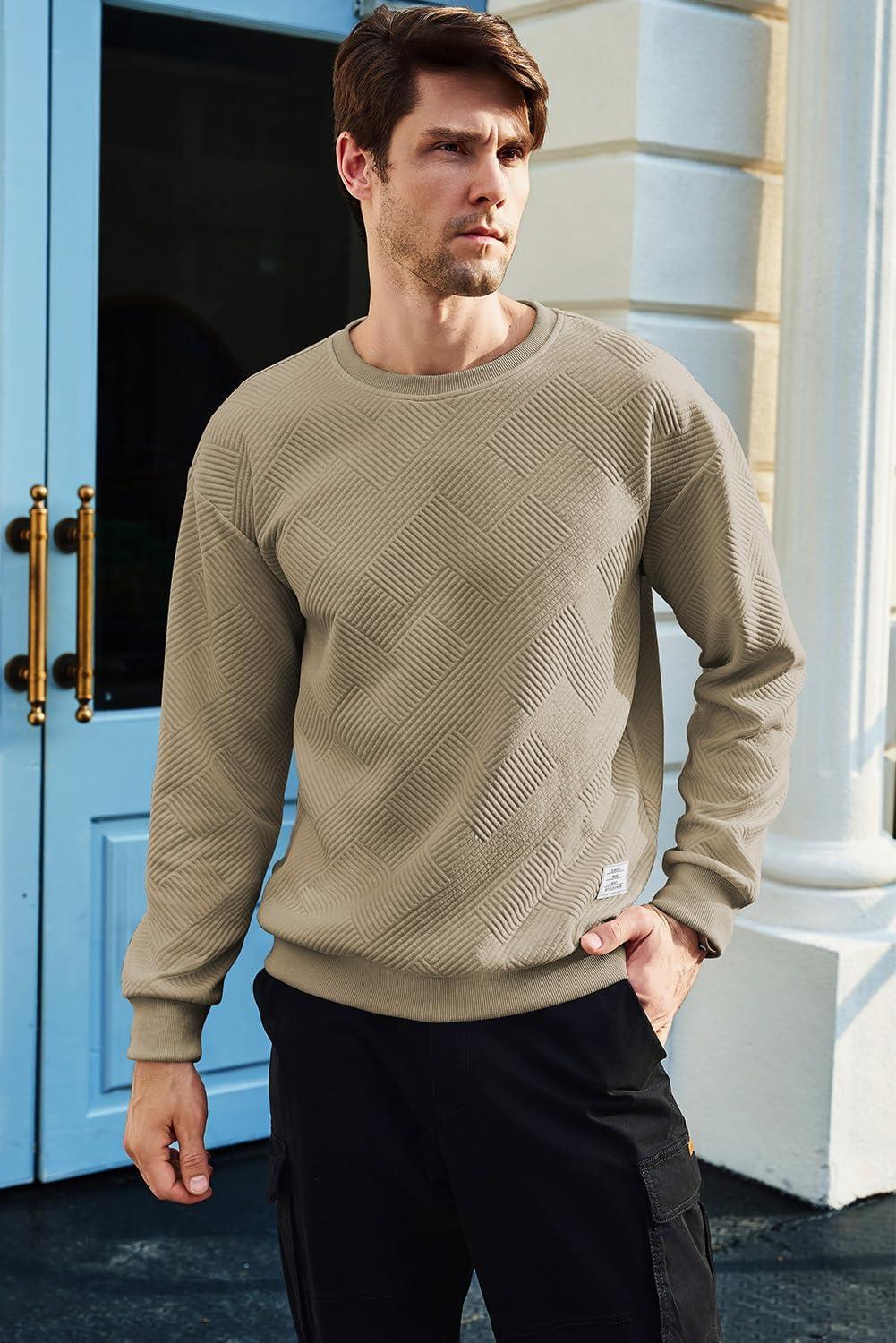 imageJMIERR Mens Crewneck Sweatshirt Casual Long Sleeve Geometric Texture Sweatshirts Fashion Pullover Shirts02 Khaki