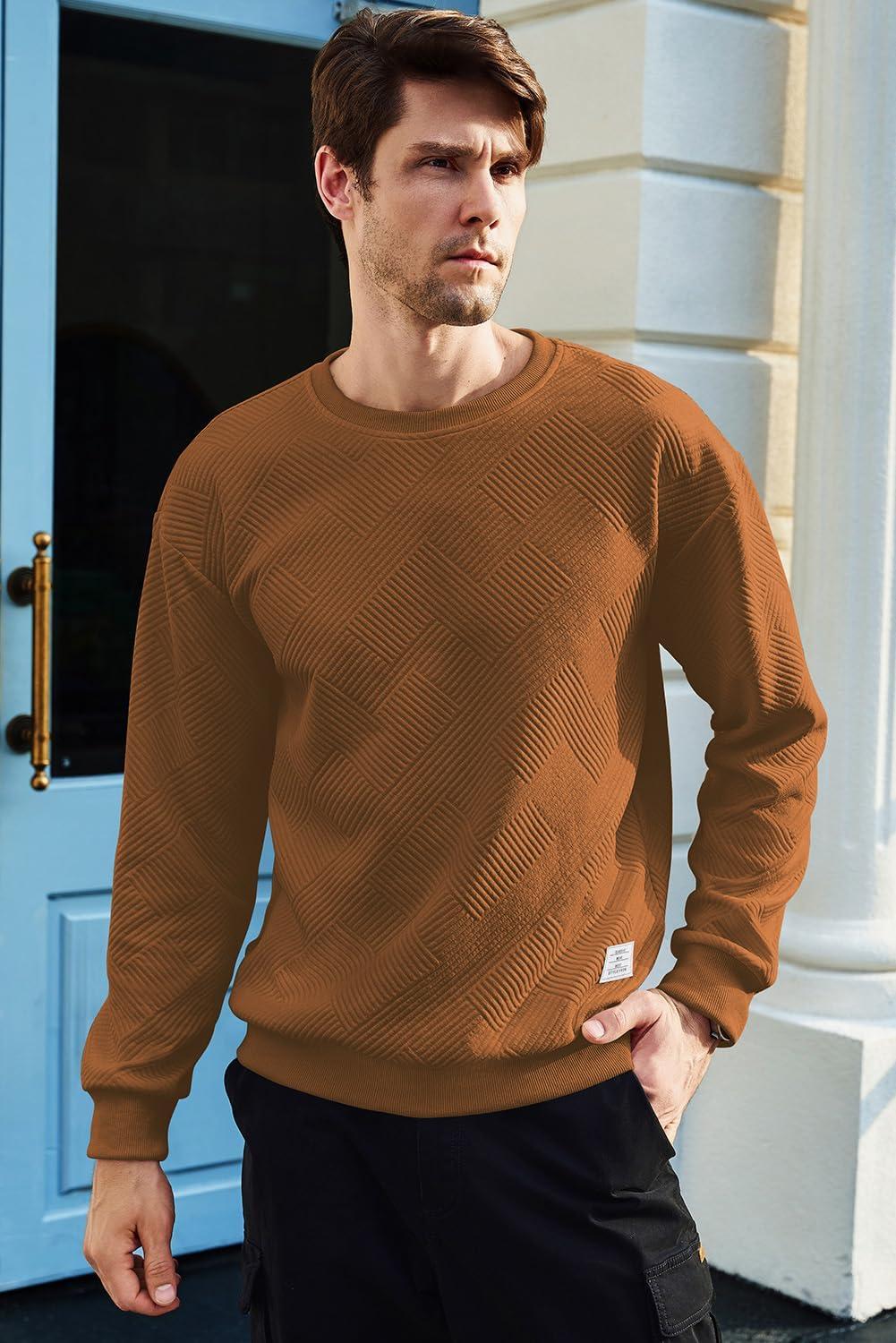 imageJMIERR Mens Crewneck Sweatshirt Casual Long Sleeve Geometric Texture Sweatshirts Fashion Pullover ShirtsBrown