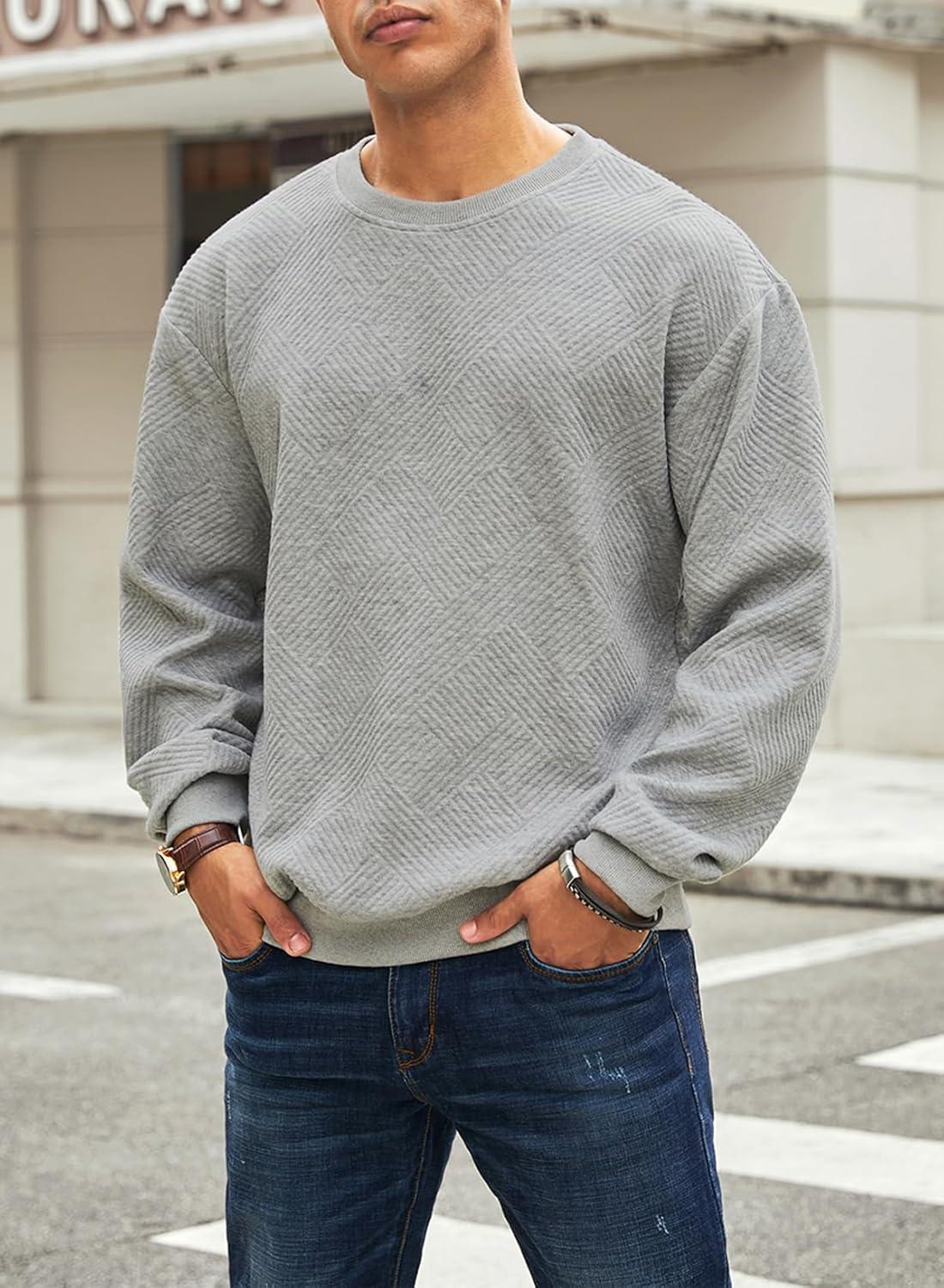imageJMIERR Mens Crewneck Sweatshirt Casual Long Sleeve Geometric Texture Sweatshirts Fashion Pullover ShirtsGrey
