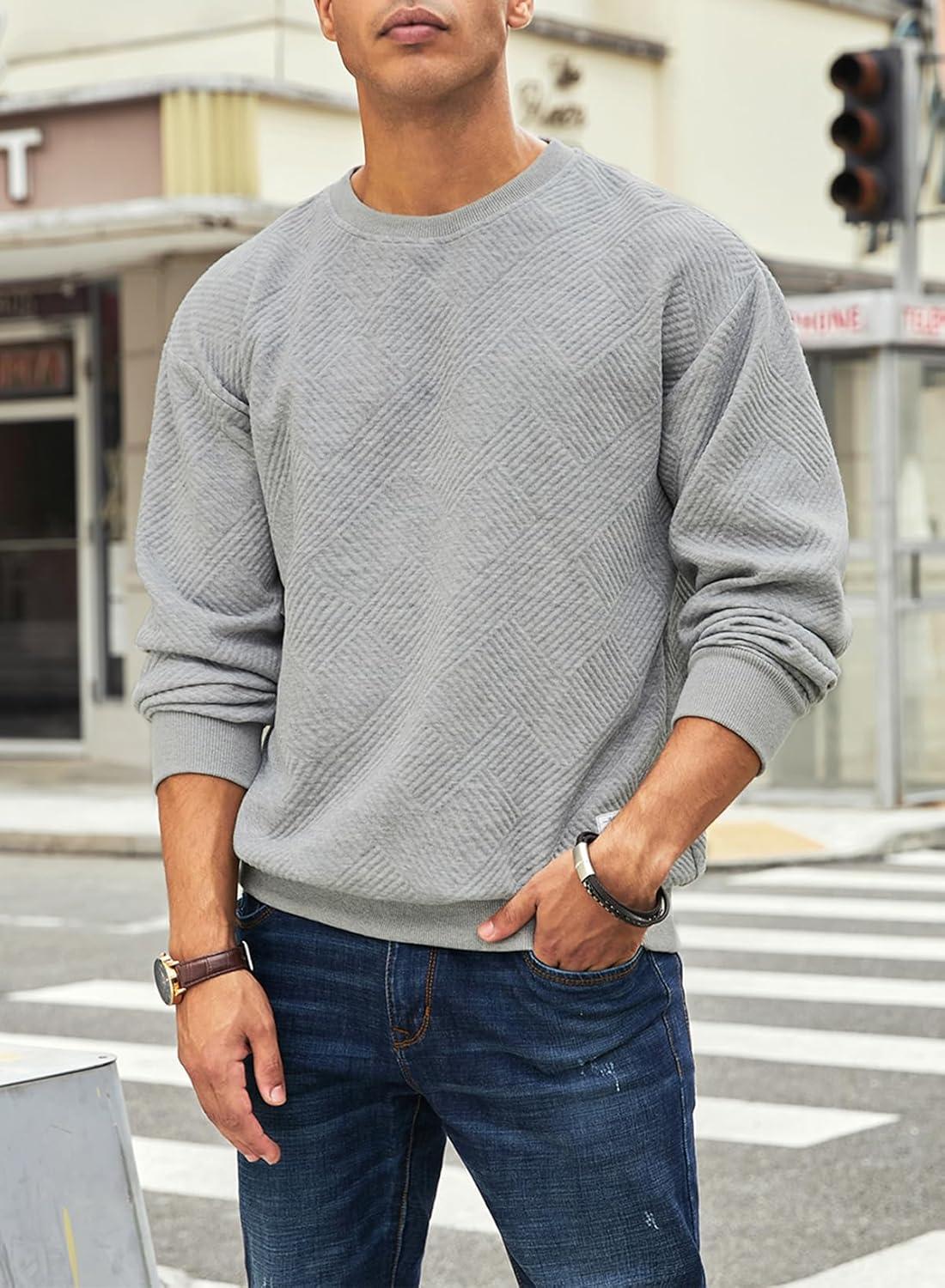 imageJMIERR Mens Crewneck Sweatshirt Casual Long Sleeve Geometric Texture Sweatshirts Fashion Pullover ShirtsGrey
