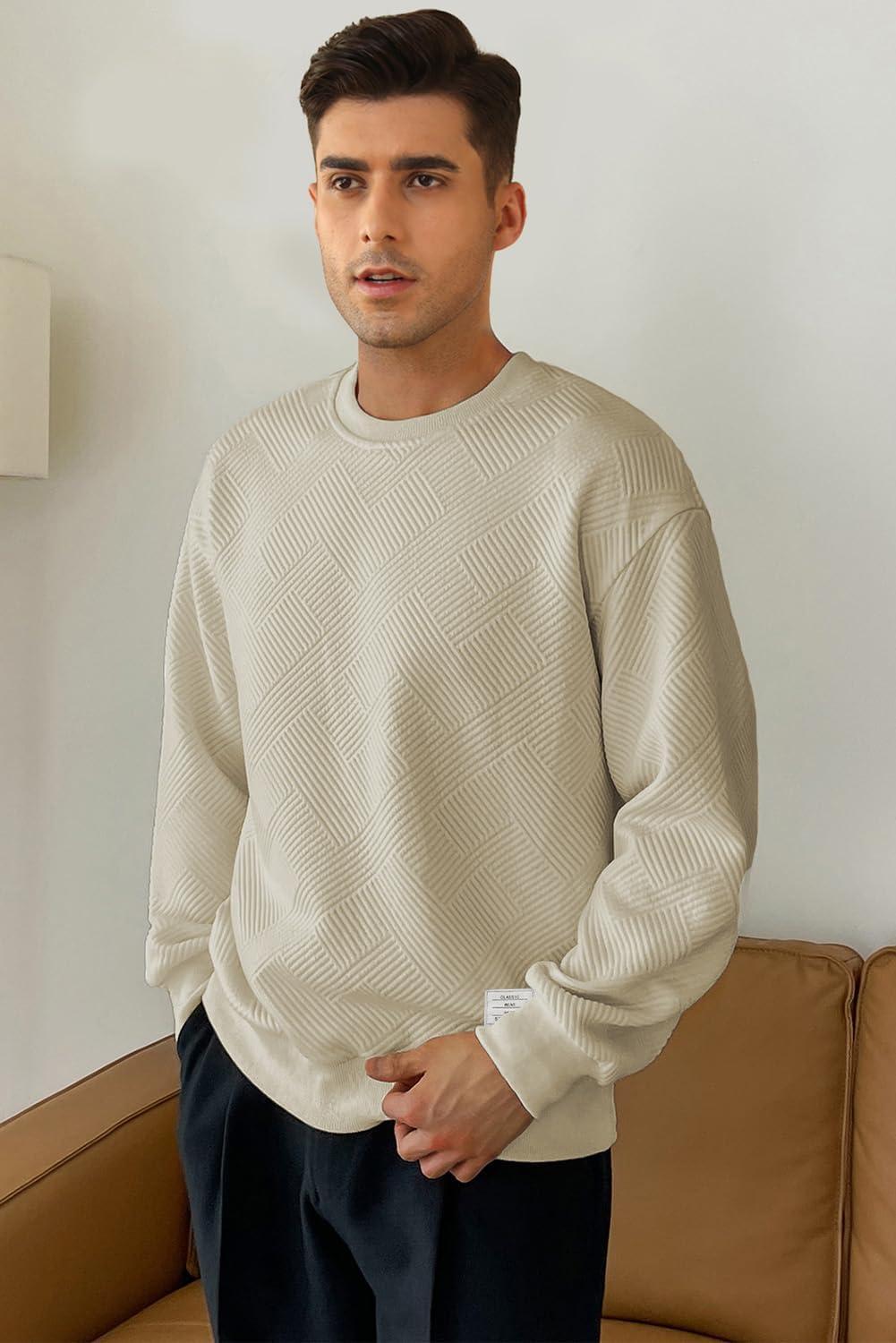 imageJMIERR Mens Crewneck Sweatshirt Casual Long Sleeve Geometric Texture Sweatshirts Fashion Pullover ShirtsLight Khaki