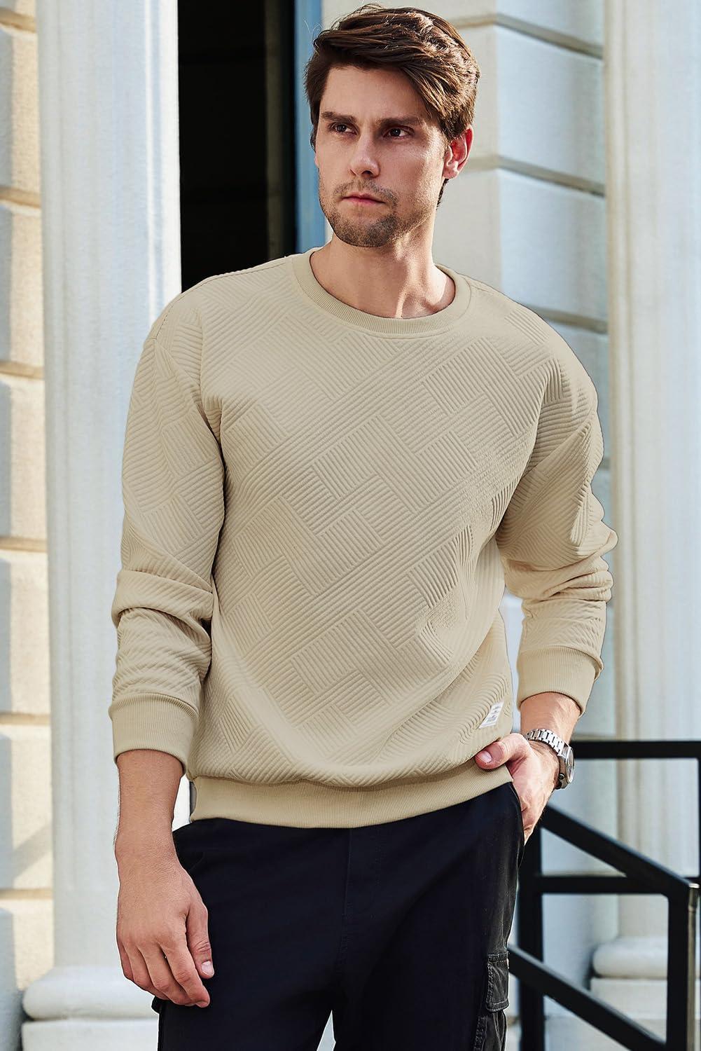 imageJMIERR Mens Crewneck Sweatshirt Casual Long Sleeve Geometric Texture Sweatshirts Fashion Pullover ShirtsLight Khaki