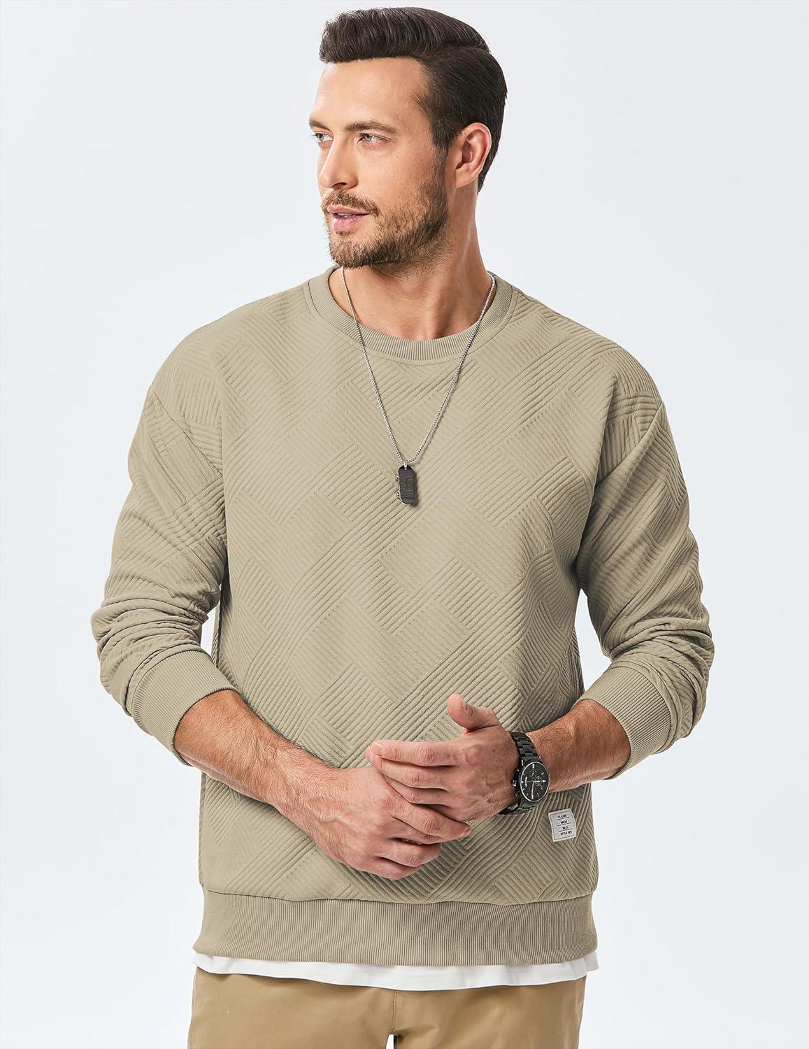 imageJMIERR Mens Crewneck Sweatshirt Casual Long Sleeve Geometric Texture Sweatshirts Fashion Pullover ShirtsLight Khaki