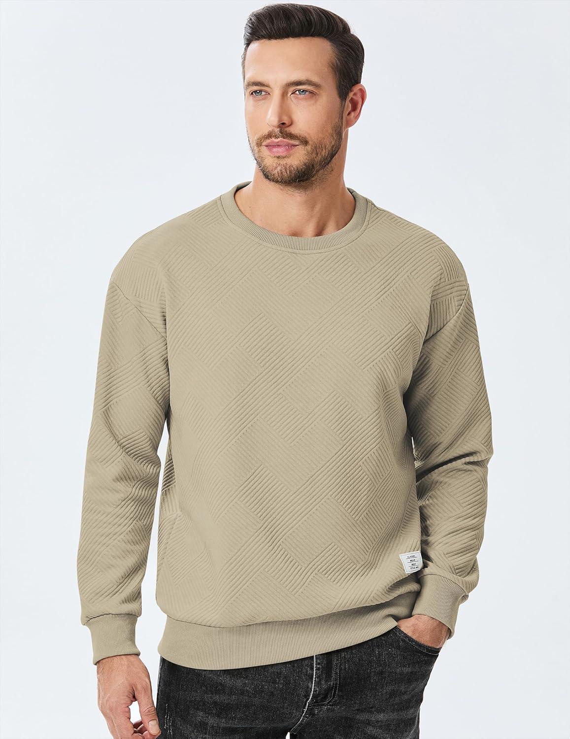 imageJMIERR Mens Crewneck Sweatshirt Casual Long Sleeve Geometric Texture Sweatshirts Fashion Pullover ShirtsLight Khaki