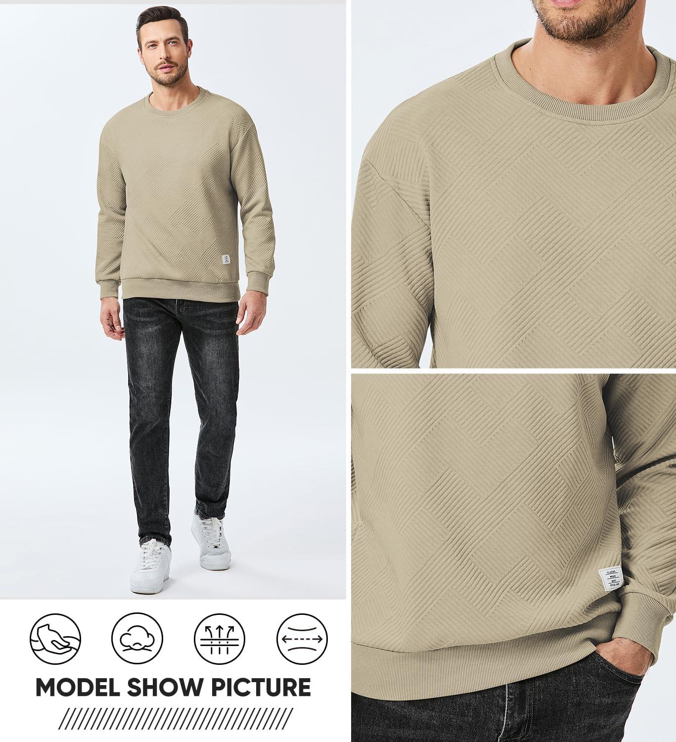 imageJMIERR Mens Crewneck Sweatshirt Casual Long Sleeve Geometric Texture Sweatshirts Fashion Pullover ShirtsLight Khaki