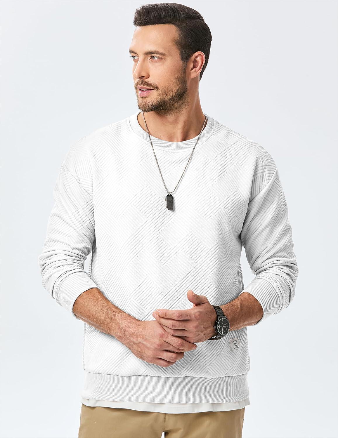 imageJMIERR Mens Crewneck Sweatshirt Casual Long Sleeve Geometric Texture Sweatshirts Fashion Pullover ShirtsWhite