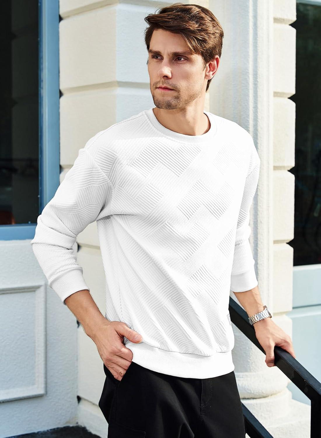 imageJMIERR Mens Crewneck Sweatshirt Casual Long Sleeve Geometric Texture Sweatshirts Fashion Pullover ShirtsWhite