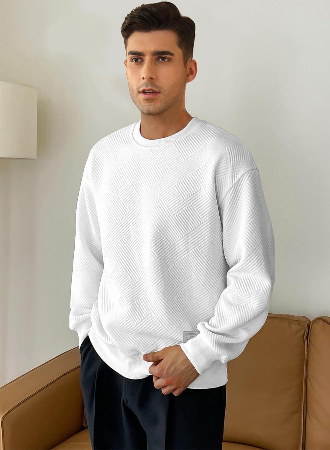imageJMIERR Mens Crewneck Sweatshirt Casual Long Sleeve Geometric Texture Sweatshirts Fashion Pullover ShirtsWhite