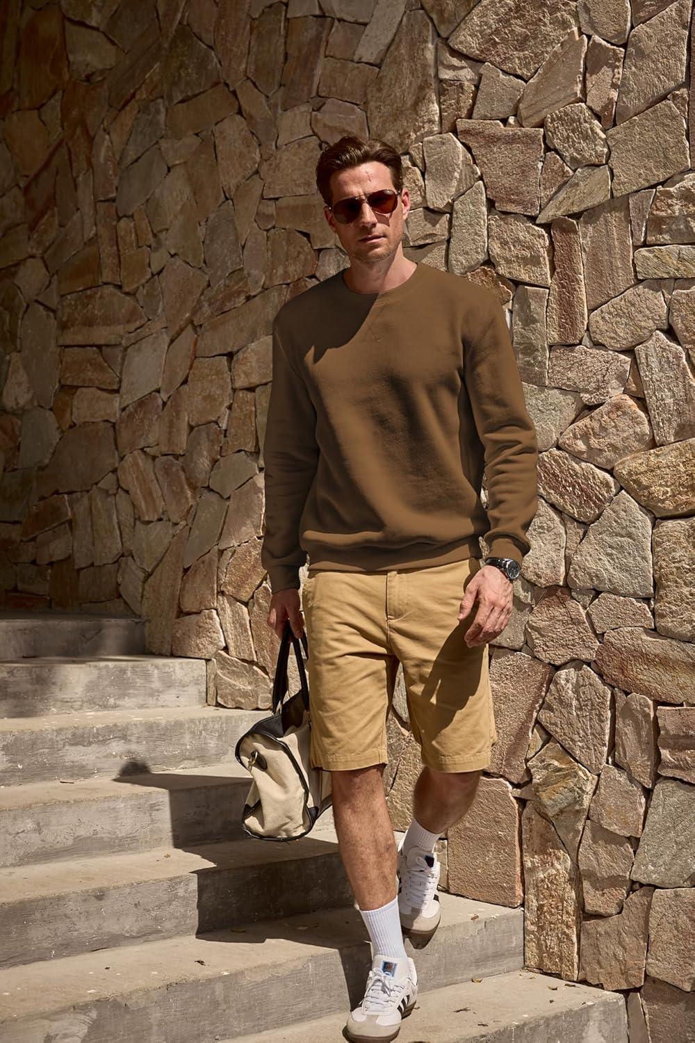 imageJMIERR Mens Fleece Crewneck Sweatshirt Casual Long Sleeves Cotton Warm Basic Pullover Fashion ShirtsBrown