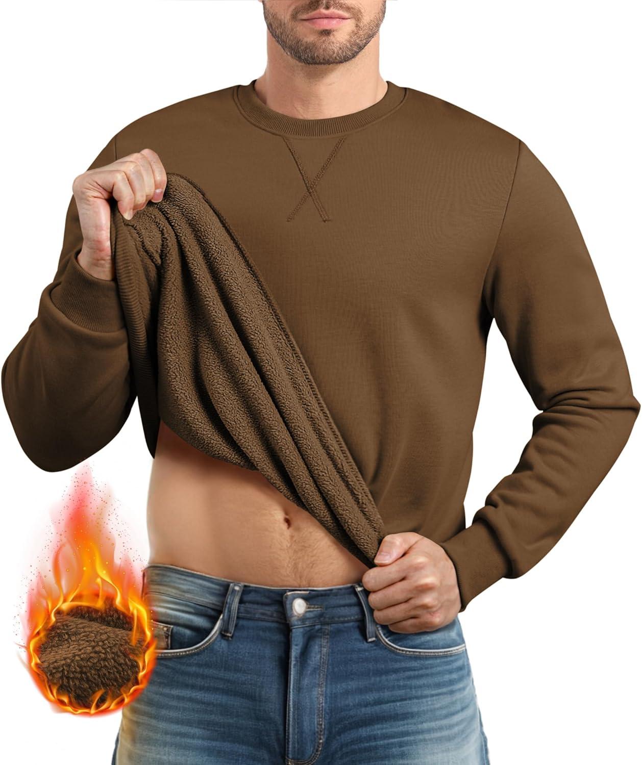 imageJMIERR Mens Fleece Crewneck Sweatshirt Casual Long Sleeves Cotton Warm Basic Pullover Fashion ShirtsBrown