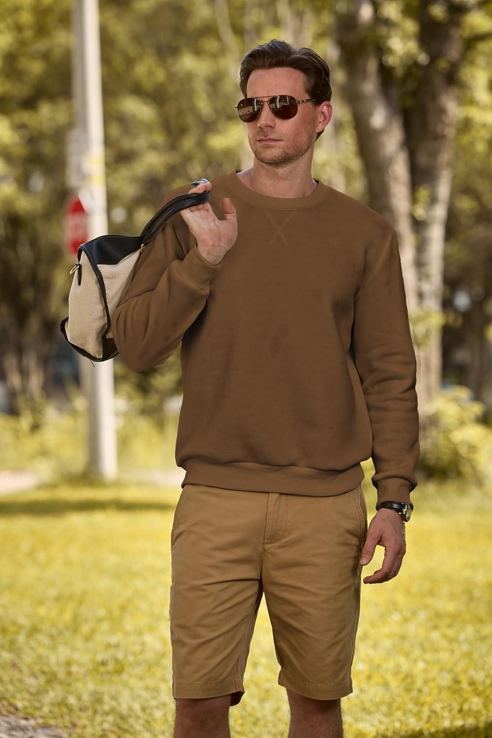 imageJMIERR Mens Fleece Crewneck Sweatshirt Casual Long Sleeves Cotton Warm Basic Pullover Fashion ShirtsBrown