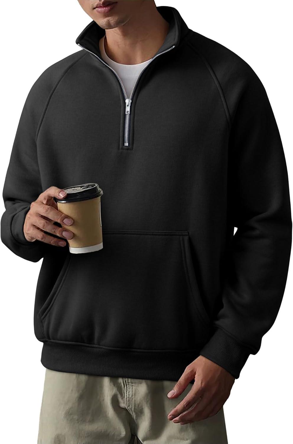 imageJMIERR Mens Fleece Quarter Zip Pullover Sweater Casual Cotton Fall Winter Family Outfit Warm Mock Neck with Pockets0 Black