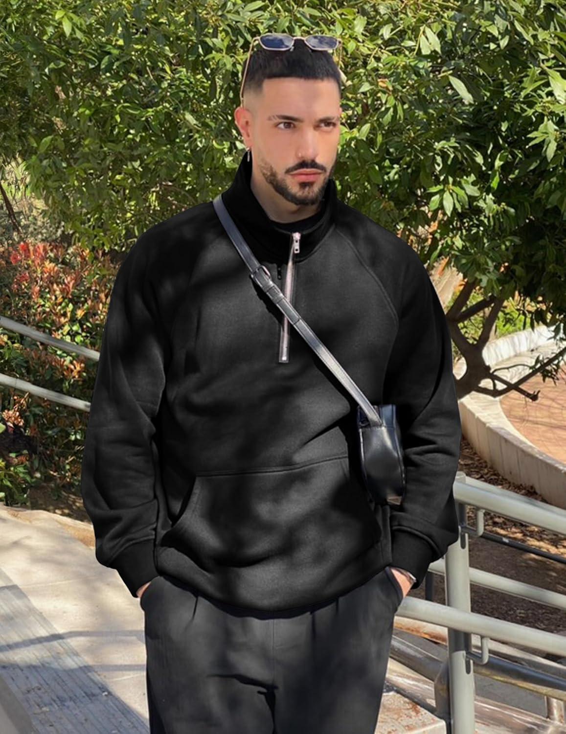 imageJMIERR Mens Fleece Quarter Zip Pullover Sweater Casual Cotton Fall Winter Family Outfit Warm Mock Neck with Pockets0 Black