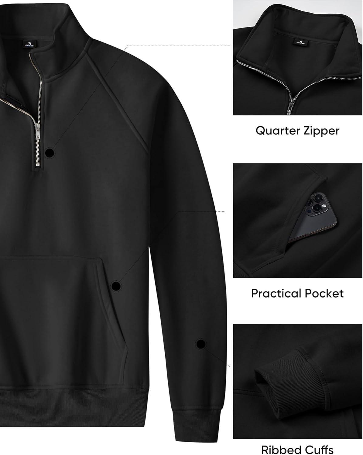 imageJMIERR Mens Fleece Quarter Zip Pullover Sweater Casual Cotton Fall Winter Family Outfit Warm Mock Neck with Pockets0 Black