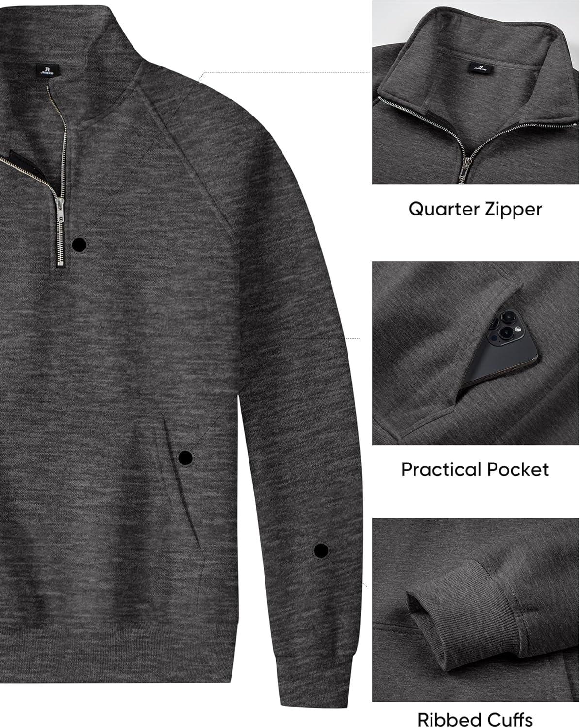 imageJMIERR Mens Fleece Quarter Zip Pullover Sweater Casual Cotton Fall Winter Family Outfit Warm Mock Neck with Pockets1 Dark Grey