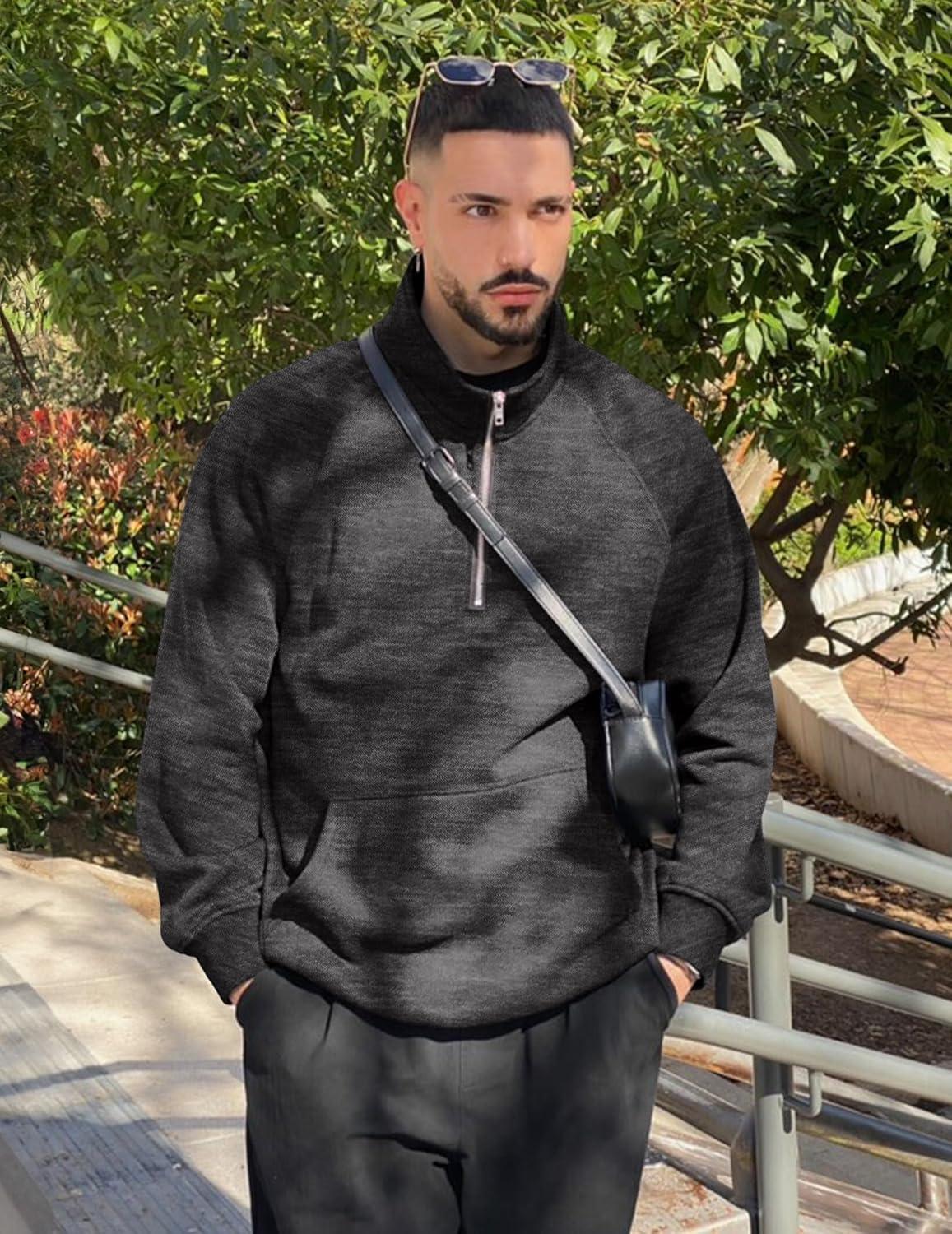 imageJMIERR Mens Fleece Quarter Zip Pullover Sweater Casual Cotton Fall Winter Family Outfit Warm Mock Neck with Pockets1 Dark Grey