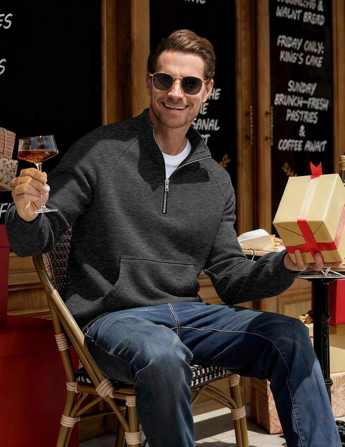 imageJMIERR Mens Fleece Quarter Zip Pullover Sweater Casual Cotton Fall Winter Family Outfit Warm Mock Neck with Pockets1 Dark Grey