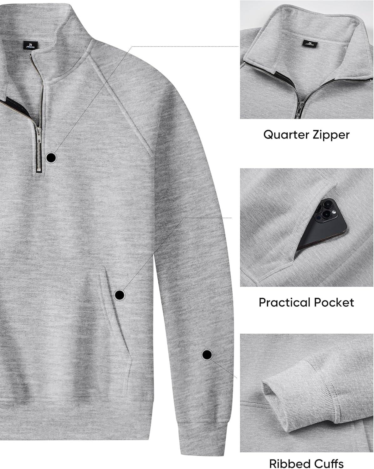 imageJMIERR Mens Fleece Quarter Zip Pullover Sweater Casual Cotton Fall Winter Family Outfit Warm Mock Neck with Pockets1 Grey
