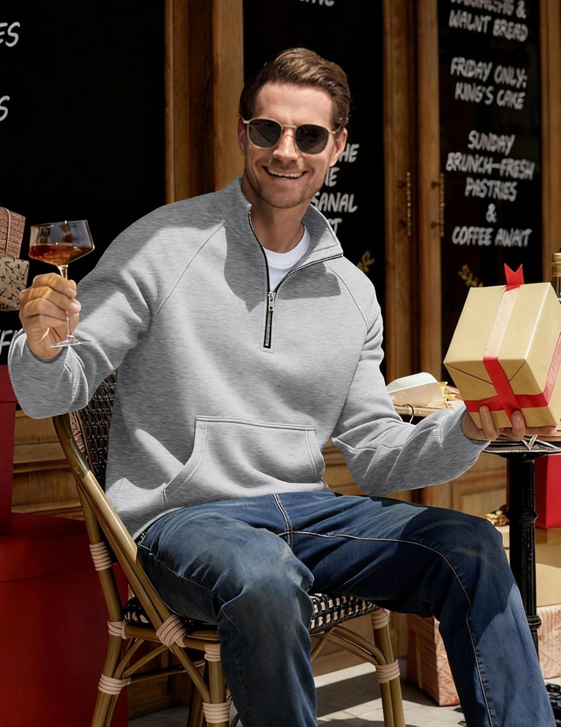 imageJMIERR Mens Fleece Quarter Zip Pullover Sweater Casual Cotton Fall Winter Family Outfit Warm Mock Neck with Pockets1 Grey