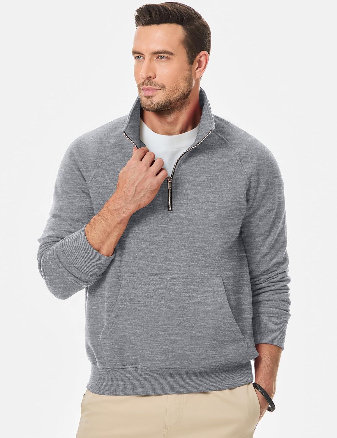 imageJMIERR Mens Fleece Quarter Zip Pullover Sweater Casual Cotton Fall Winter Family Outfit Warm Mock Neck with Pockets1 M Grey