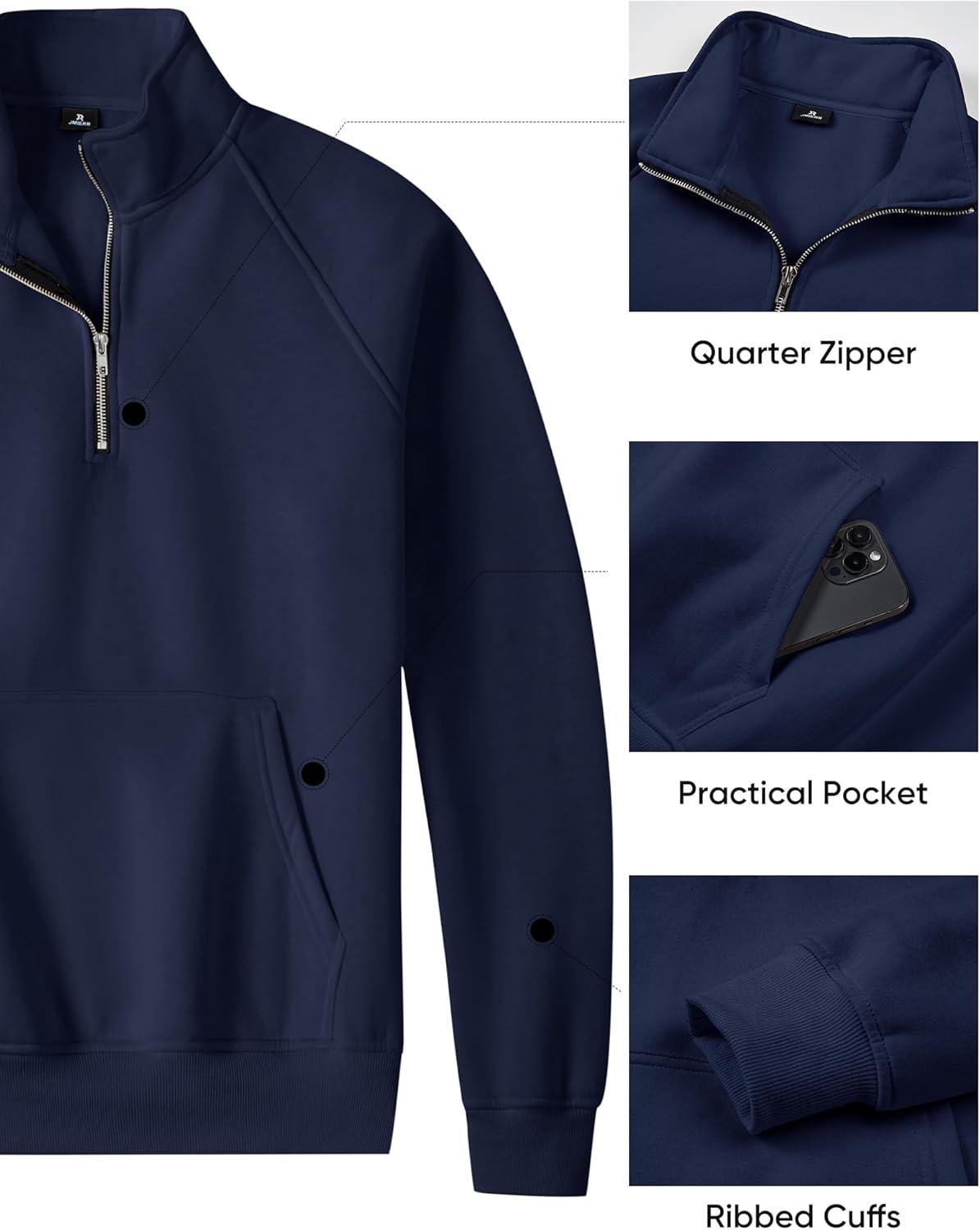 imageJMIERR Mens Fleece Quarter Zip Pullover Sweater Casual Cotton Fall Winter Family Outfit Warm Mock Neck with PocketsA Blue