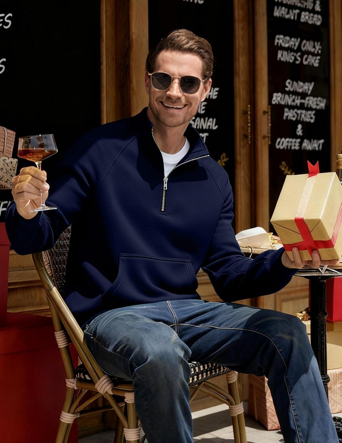 imageJMIERR Mens Fleece Quarter Zip Pullover Sweater Casual Cotton Fall Winter Family Outfit Warm Mock Neck with PocketsA Blue