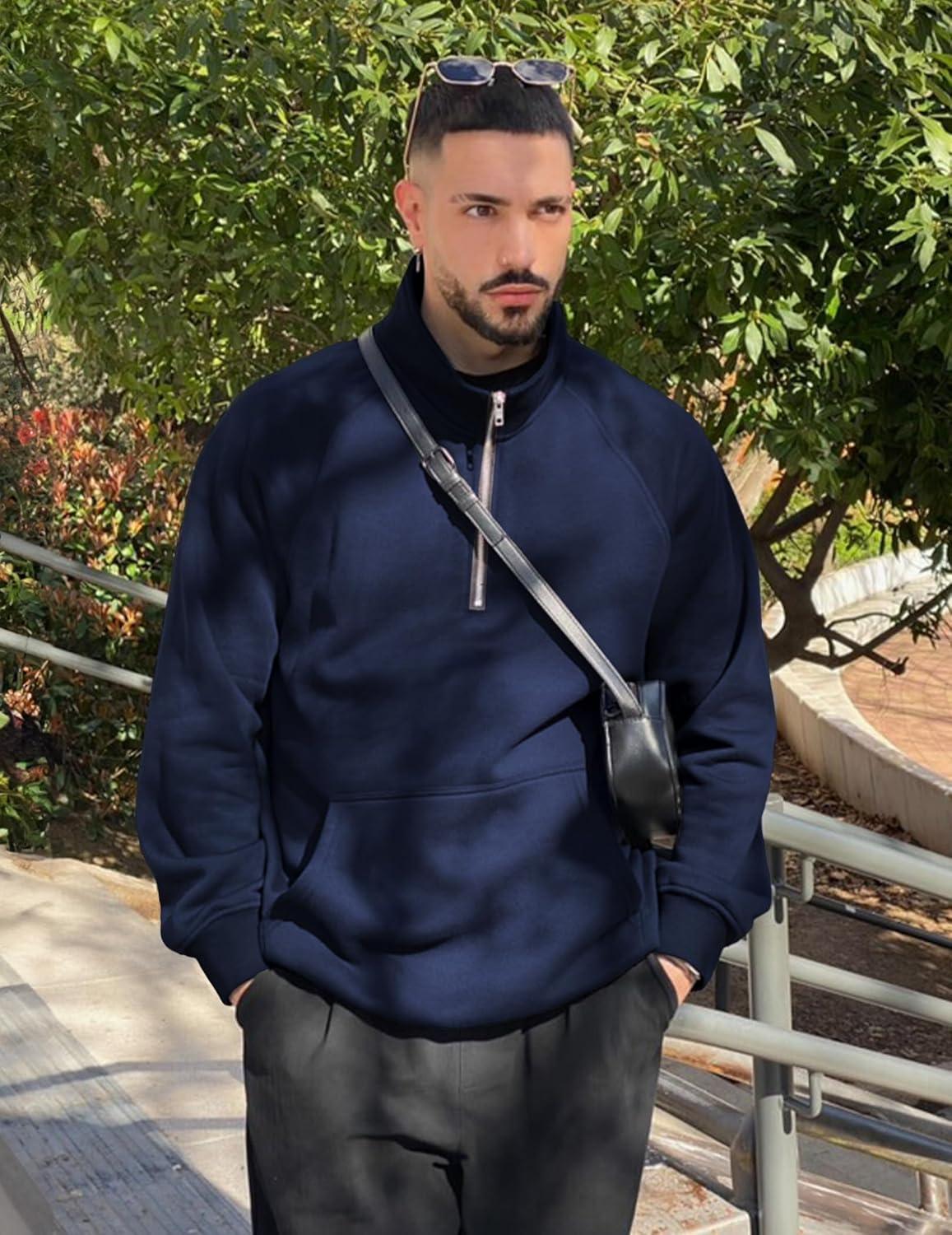 imageJMIERR Mens Fleece Quarter Zip Pullover Sweater Casual Cotton Fall Winter Family Outfit Warm Mock Neck with PocketsA Blue