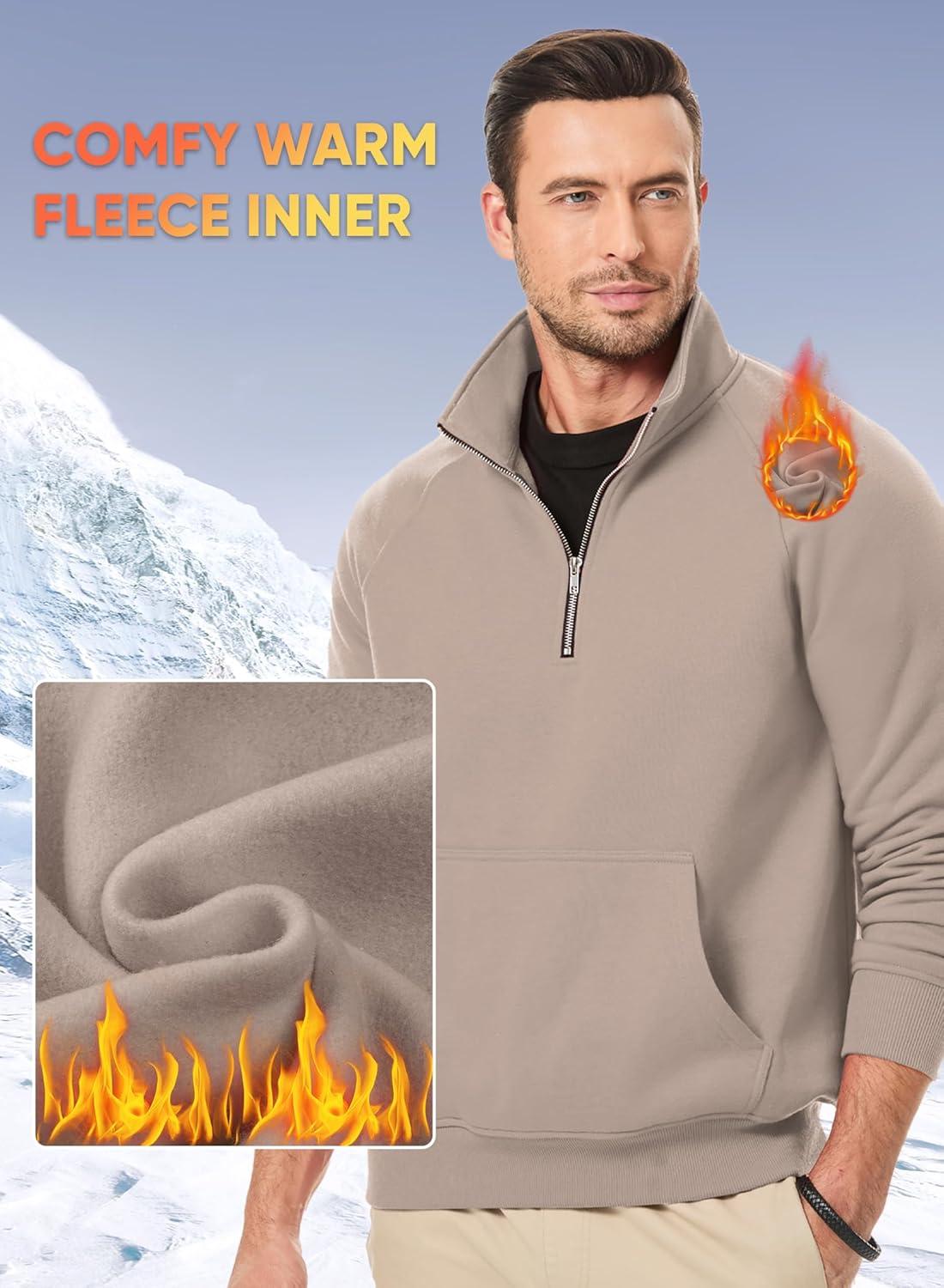 imageJMIERR Mens Fleece Quarter Zip Pullover Sweater Casual Cotton Fall Winter Family Outfit Warm Mock Neck with PocketsB Dark Beige