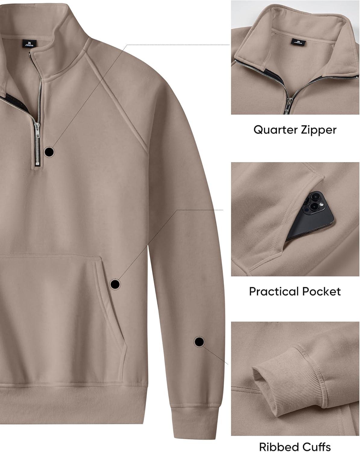 imageJMIERR Mens Fleece Quarter Zip Pullover Sweater Casual Cotton Fall Winter Family Outfit Warm Mock Neck with PocketsB Dark Beige