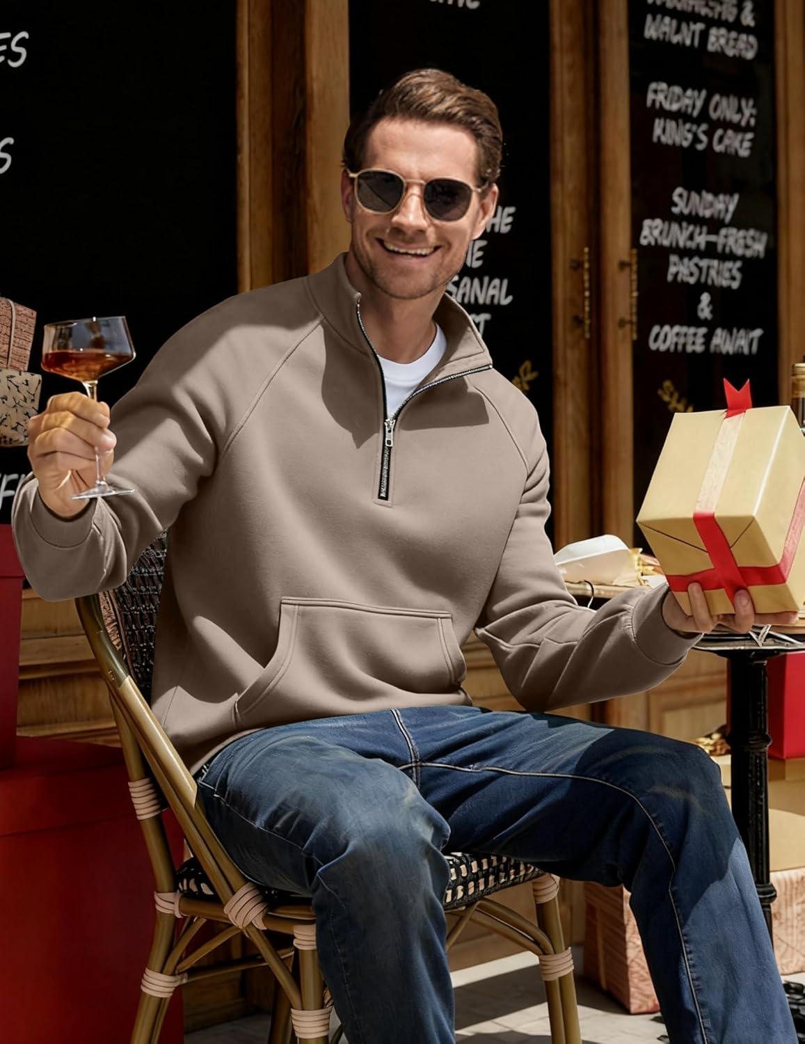 imageJMIERR Mens Fleece Quarter Zip Pullover Sweater Casual Cotton Fall Winter Family Outfit Warm Mock Neck with PocketsB Dark Beige