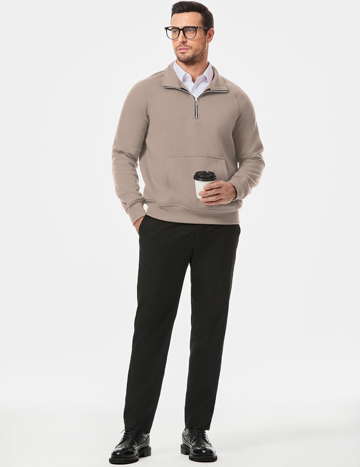 imageJMIERR Mens Fleece Quarter Zip Pullover Sweater Casual Cotton Fall Winter Family Outfit Warm Mock Neck with PocketsB Dark Beige