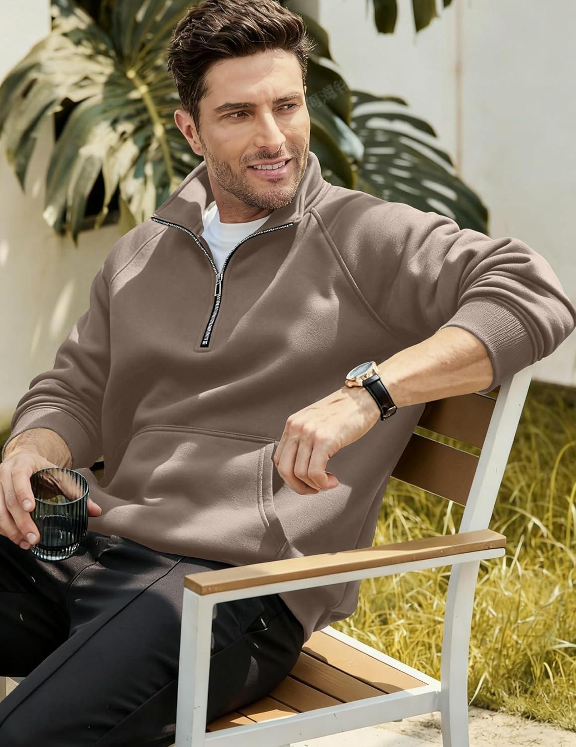 imageJMIERR Mens Fleece Quarter Zip Pullover Sweater Casual Cotton Fall Winter Family Outfit Warm Mock Neck with PocketsB Dark Beige