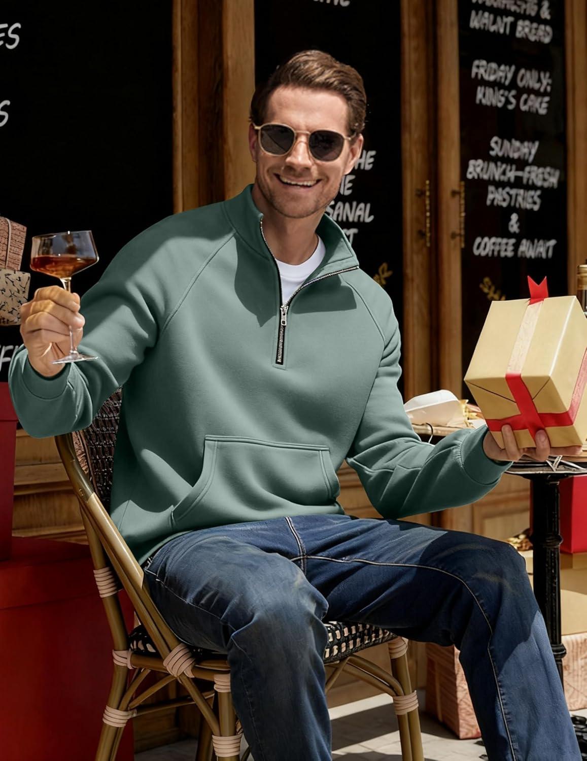 imageJMIERR Mens Fleece Quarter Zip Pullover Sweater Casual Cotton Fall Winter Family Outfit Warm Mock Neck with PocketsB Green 01