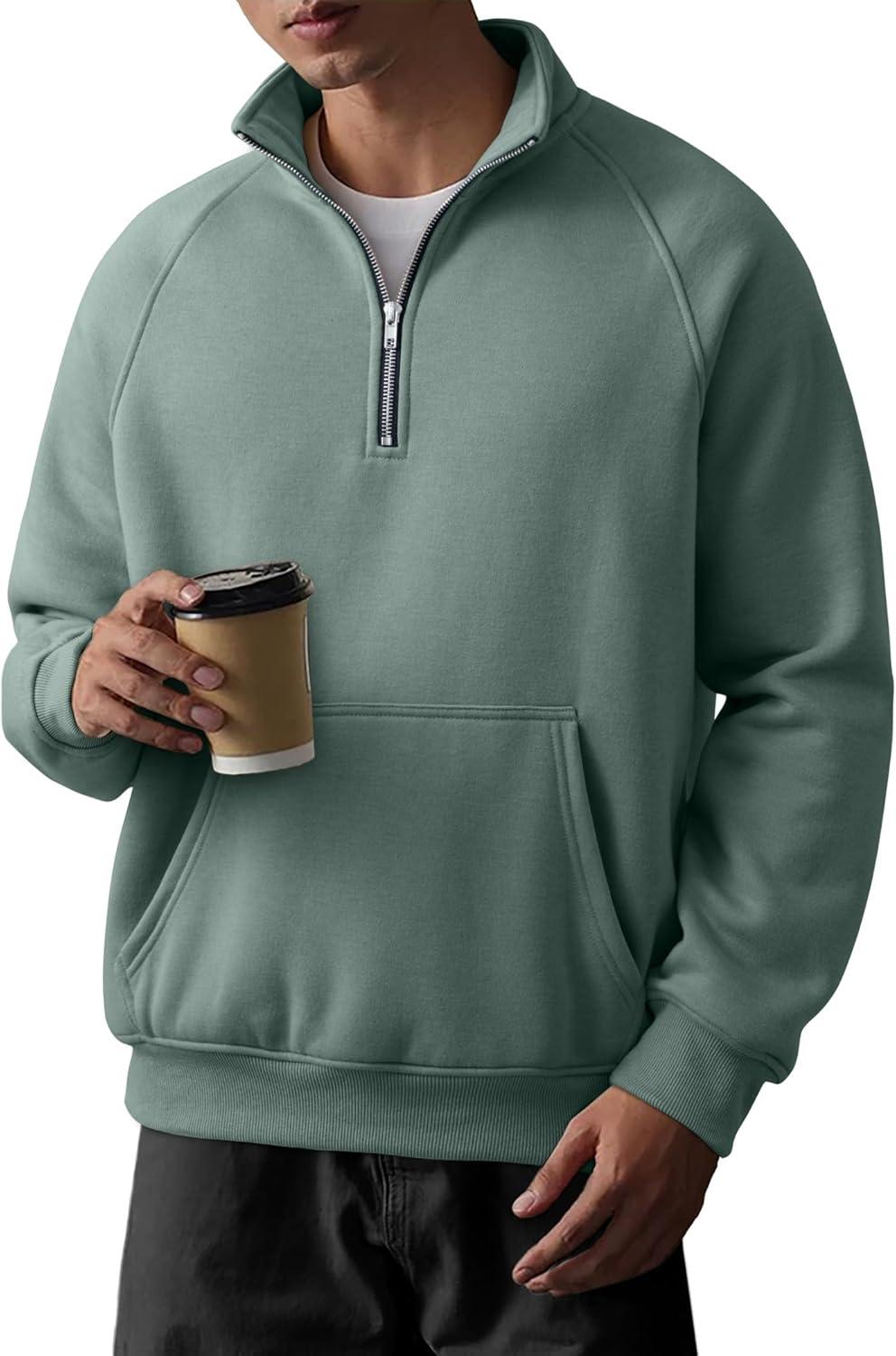 imageJMIERR Mens Fleece Quarter Zip Pullover Sweater Casual Cotton Fall Winter Family Outfit Warm Mock Neck with PocketsB Green 01