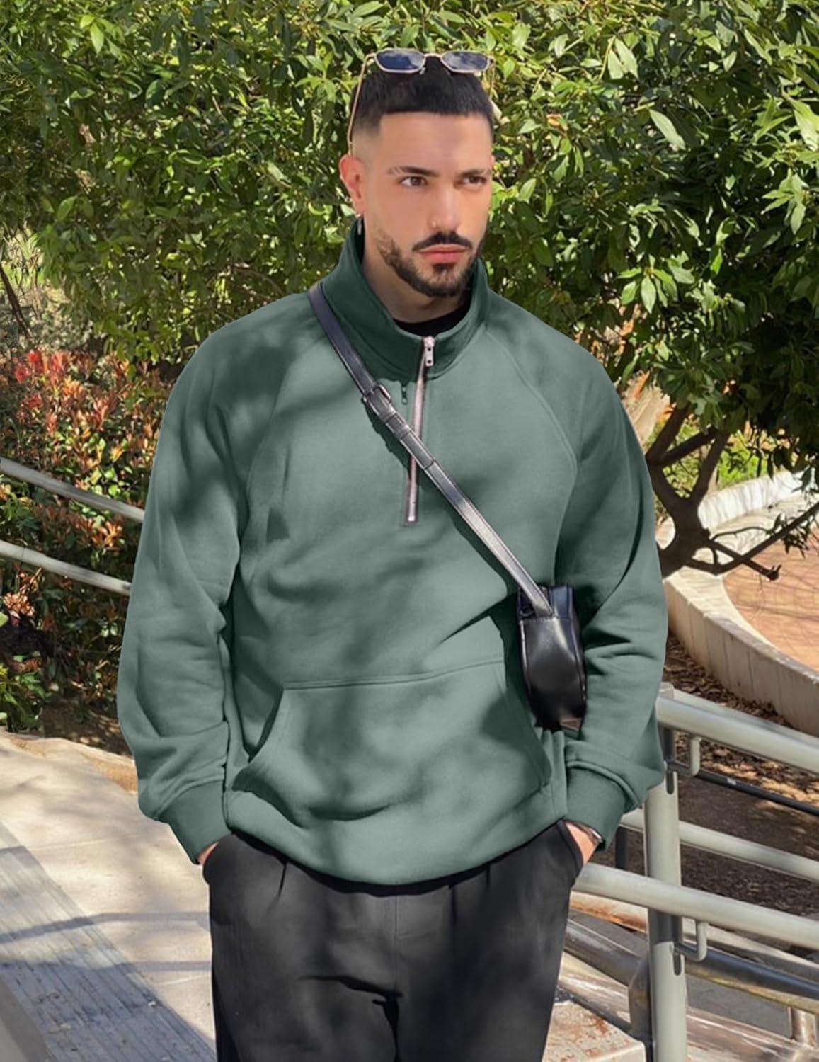 imageJMIERR Mens Fleece Quarter Zip Pullover Sweater Casual Cotton Fall Winter Family Outfit Warm Mock Neck with PocketsB Green 01