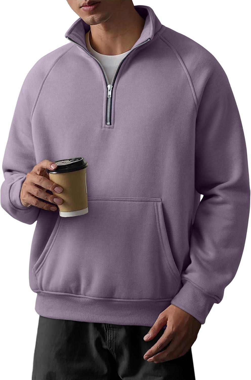 imageJMIERR Mens Fleece Quarter Zip Pullover Sweater Casual Cotton Fall Winter Family Outfit Warm Mock Neck with PocketsB Purple