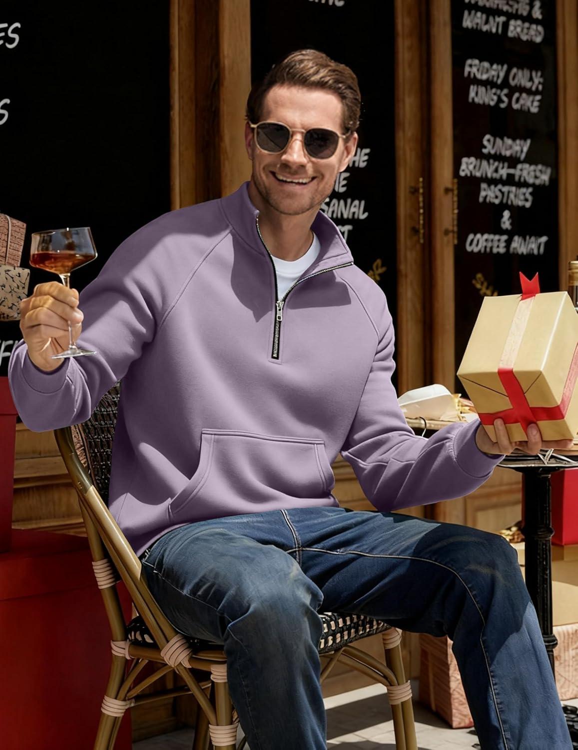 imageJMIERR Mens Fleece Quarter Zip Pullover Sweater Casual Cotton Fall Winter Family Outfit Warm Mock Neck with PocketsB Purple