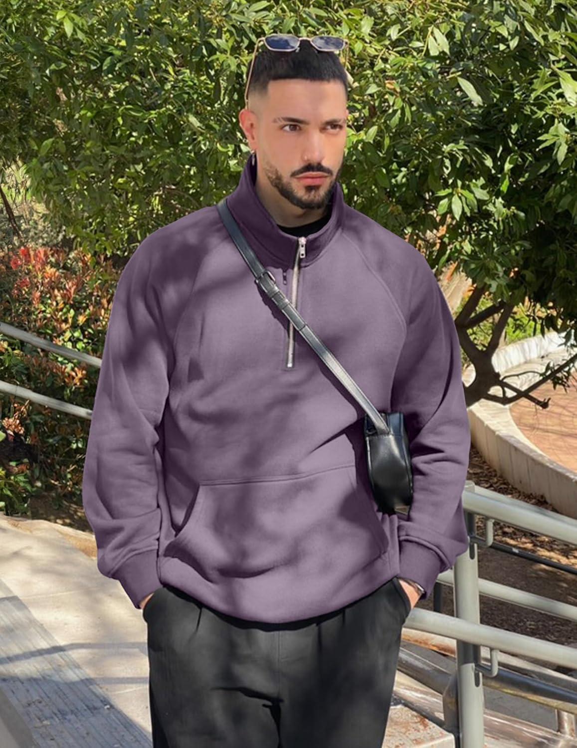 imageJMIERR Mens Fleece Quarter Zip Pullover Sweater Casual Cotton Fall Winter Family Outfit Warm Mock Neck with PocketsB Purple